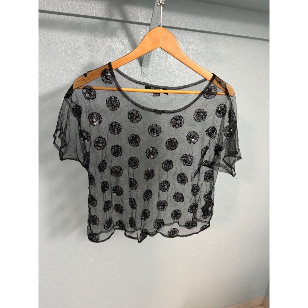 Forever 21 Womens Sheer Black Mesh Sequin Floral Crop Top Short Sleeve Small‎